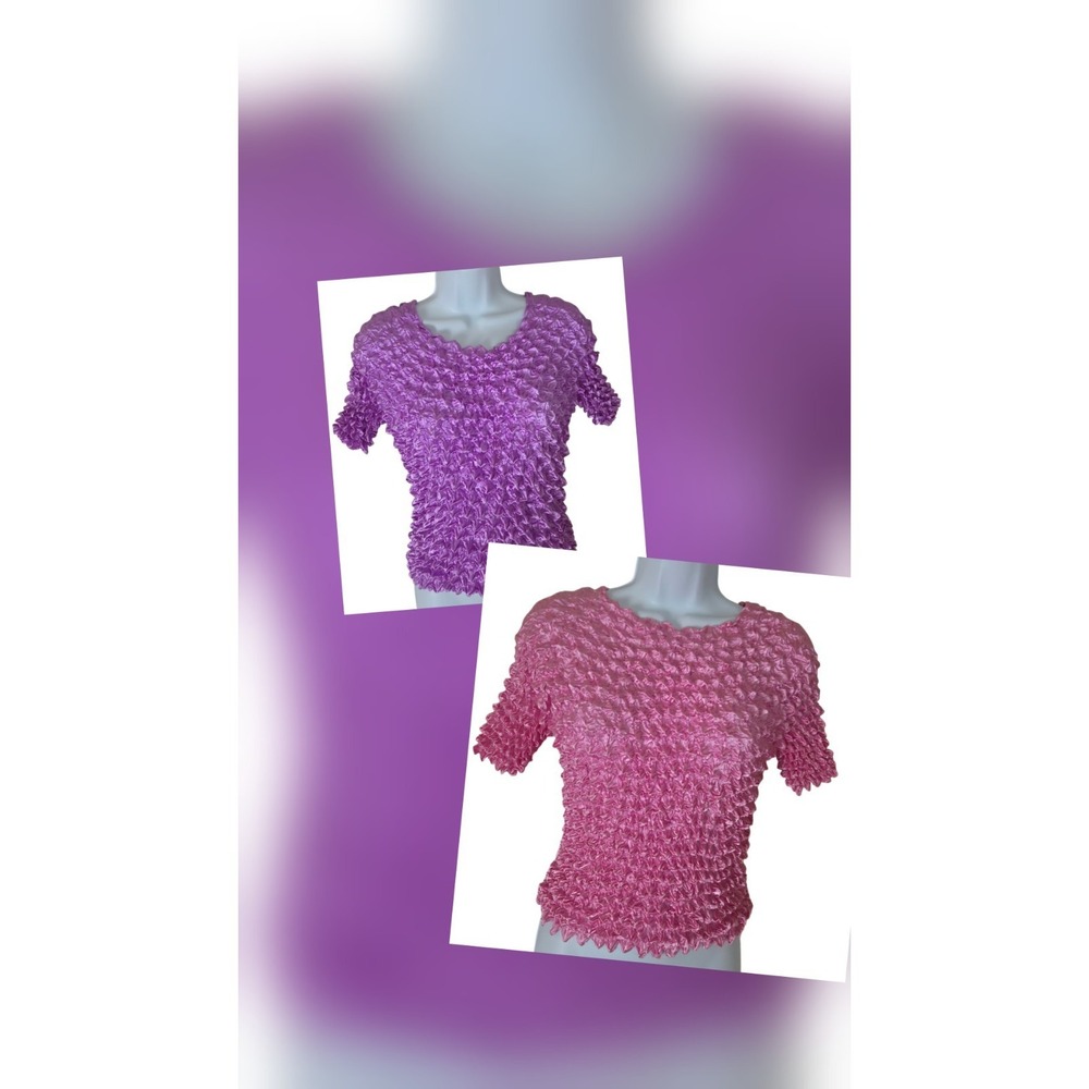 Lot of 2 Popcorn Tops Purple/Pink One Size Short Sleeve Crinkle Bubble Stretch